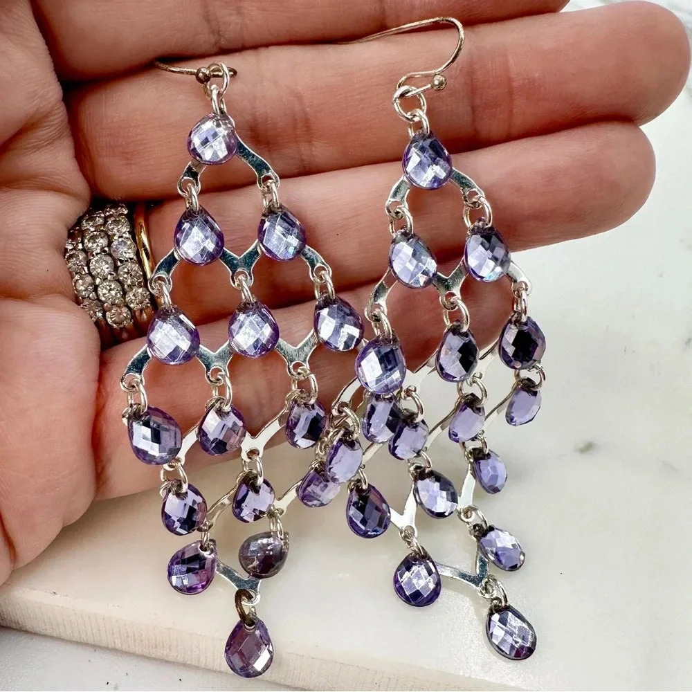 Chandelier Earrings Purple Dangle Gems Faceted Silver-tone Periwinkle 3”…